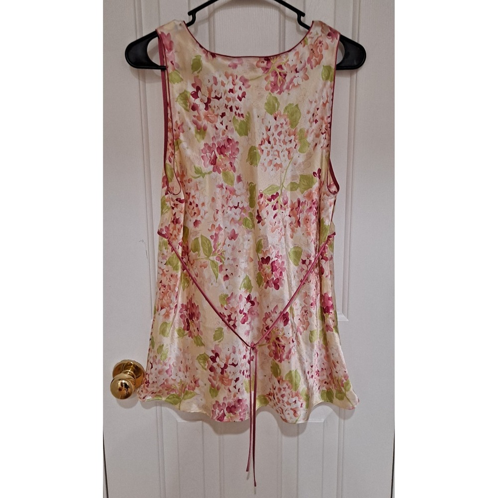 Oscar de la Renta Cherry Blossom Satin Pajama Set Sleepwear Floral Pink Green L - Picture 4 of 6